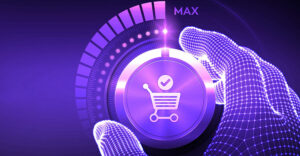 Illustration of a digital shopping cart icon on a control dial being adjusted by a virtual hand, representing AI-powered e-commerce management and automation.