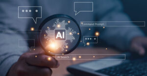 AI icon surrounded by digital search interface elements