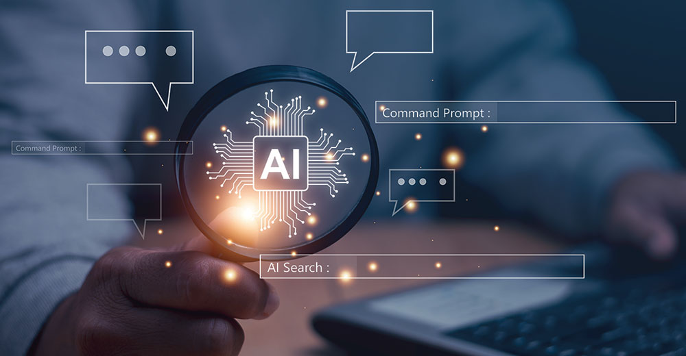 AI icon surrounded by digital search interface elements