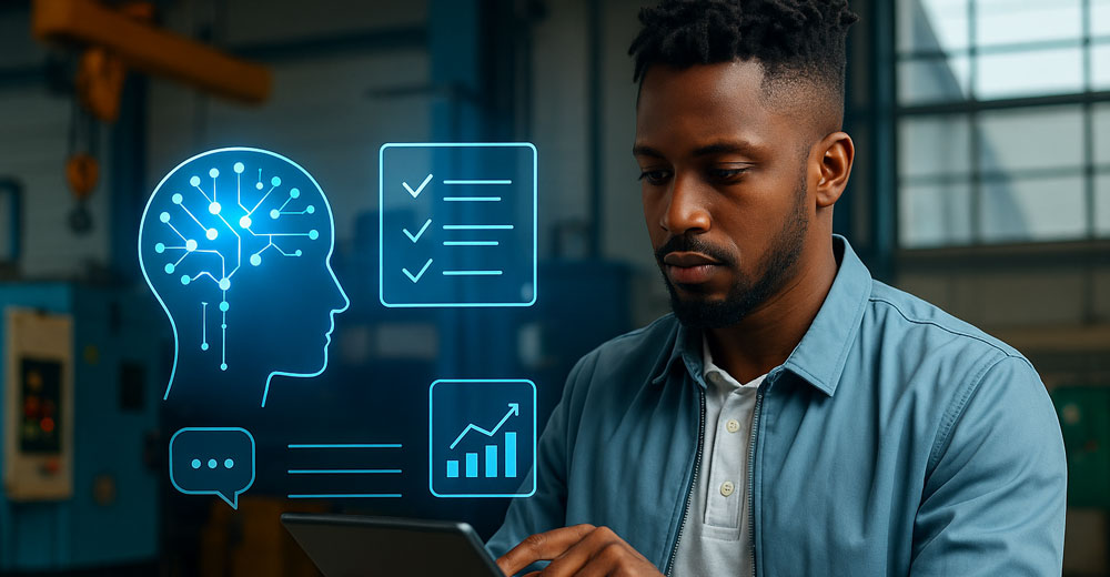 A B2B buyer explores AI-powered configuration tools in an industrial setting, aided by GenAI technology designed to simplify complex purchasing decisions.