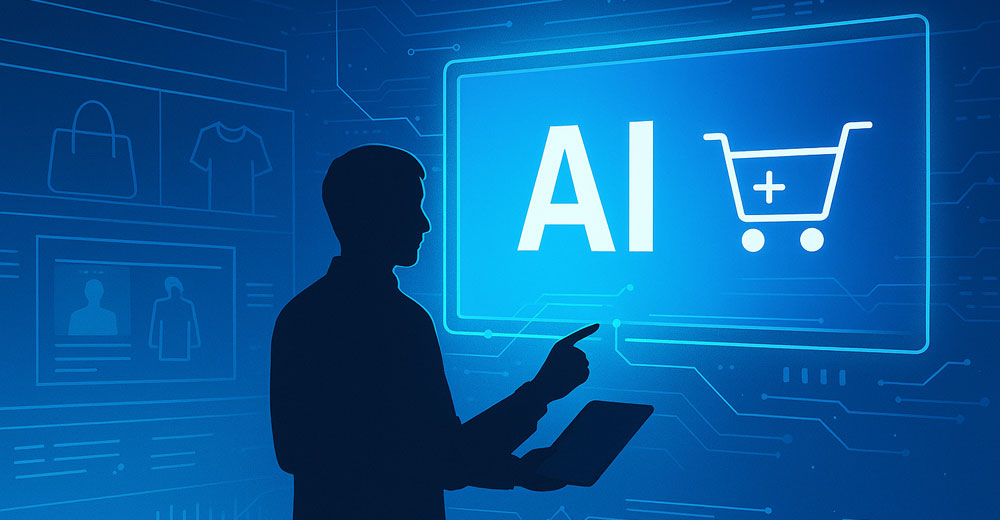 Silhouette of a person interacting with a digital AI shopping interface in a futuristic retail environment.