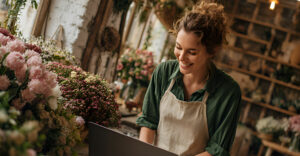 Small business owner in a flower shop using a laptop for marketing and sales planning.