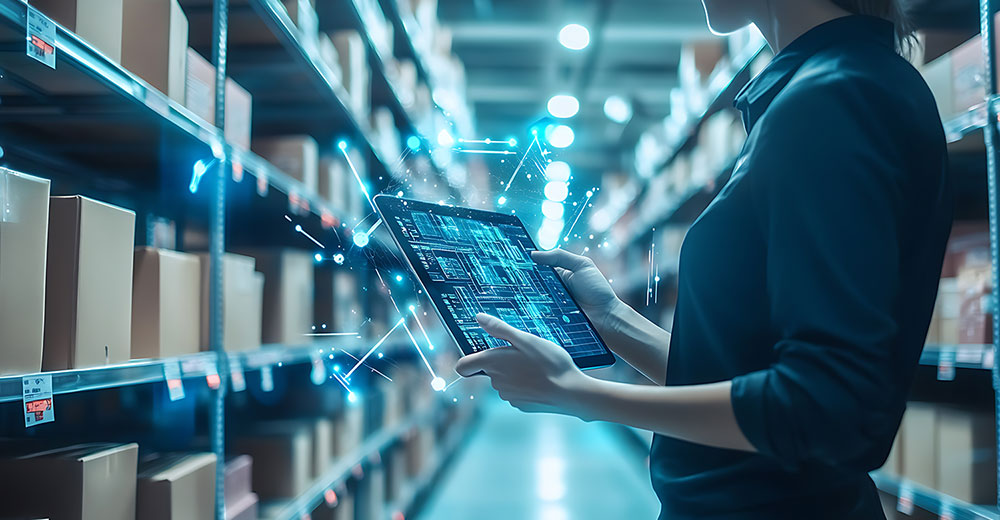Retail worker using a digital tablet with AI-powered inventory tracking in a warehouse.