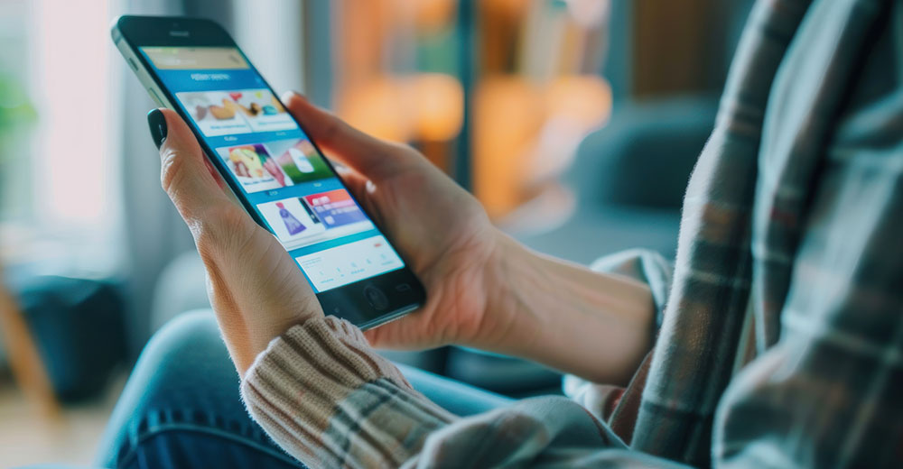 Person browsing product listings on a smartphone shopping app at home.