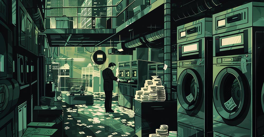 Illustration depicting money laundering operations embedded within digital commerce systems