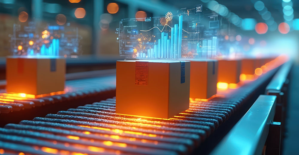 Automated warehouse conveyor system with data overlays showing AI-driven e-commerce fulfillment operations.