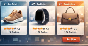 AI-driven retail interface showing three ranked product recommendations with ratings and reviews, reflecting how algorithmic storefronts narrow product discovery to a small selection.