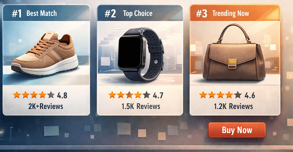 AI-driven retail interface showing three ranked product recommendations with ratings and reviews, reflecting how algorithmic storefronts narrow product discovery to a small selection.