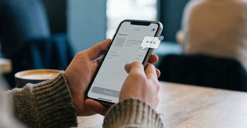 Mobile shopper waits for customer support response during checkout.