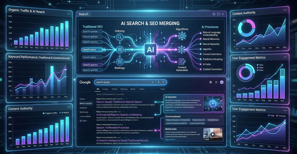 Digital dashboard showing AI and SEO systems merging with search results and marketing analytics data
