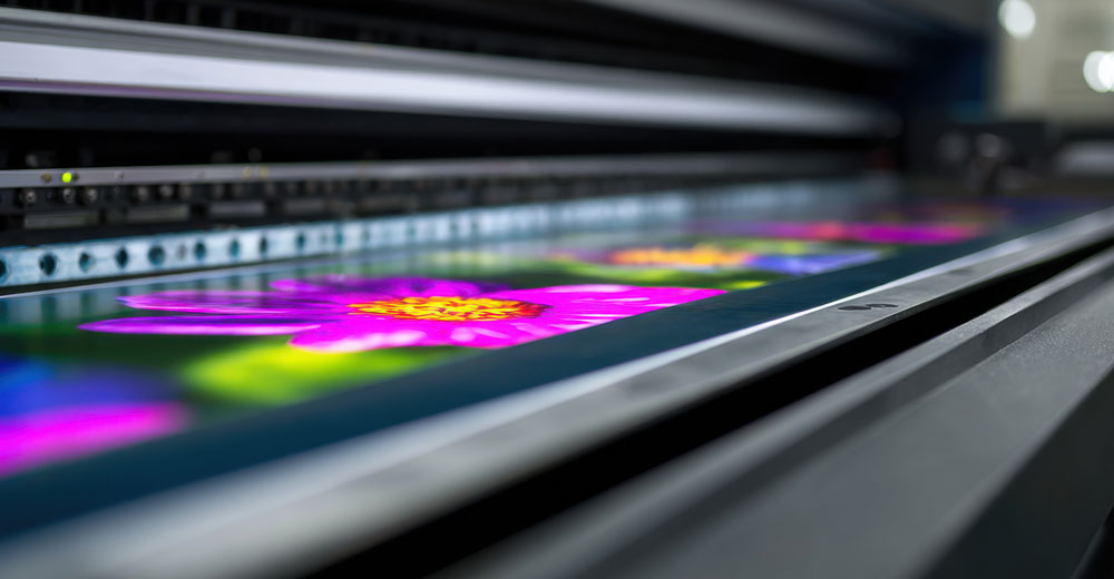 Large-format commercial printer producing high-resolution prints in a modern print facility