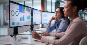 Sales team reviewing performance data and analytics dashboards on multiple monitors