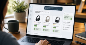 product recommendations with deals and cashback offers in an AI chat interface on a laptop