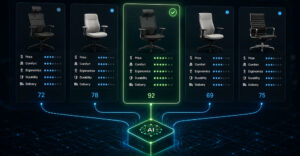 AI system comparing office chair options and selecting the best purchase based on multiple criteria