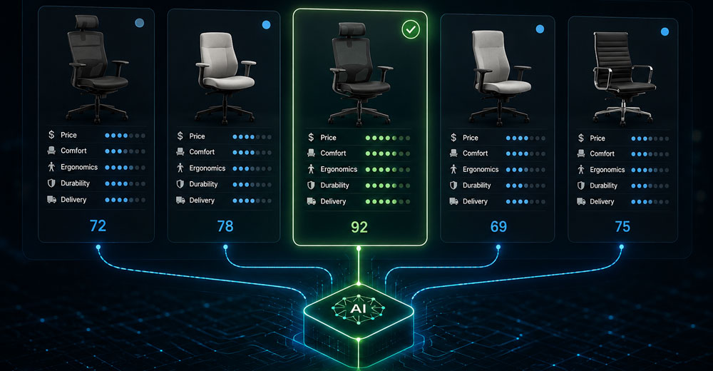 AI system comparing office chair options and selecting the best purchase based on multiple criteria